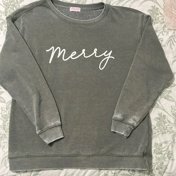 Pink Lily “Merry” Crewneck Sweatshirt in olive green - Picture 1 of 4